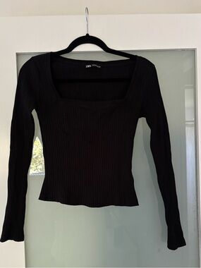 Zara Black Ribbed Long Sleeve Square Neck Top